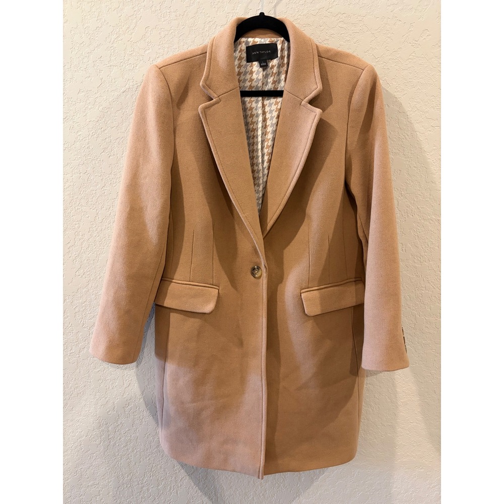 Ann Taylor Camel Wool Blend Single Button Blazer Coat Tan Houndstooth Lining L
